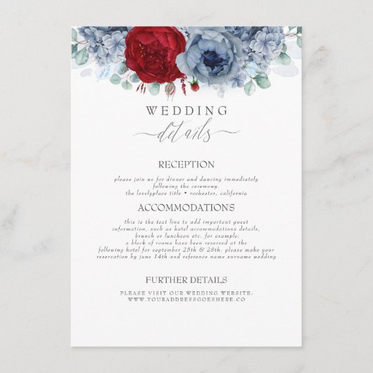 Blauw en Rood Gekleurde Bloemen Trouwinformatie Informatiekaartje (Voorkant)