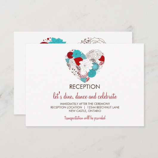 Blauw en Rood Griljardig Bloemhart Ontvangstkaart Informatiekaartje (Voorkant / Achterkant)