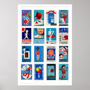 Blauw en rood luciferdoosje label collage, vintage poster