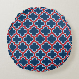 Blauw en Rood Marokkaans latwerk, Quatrefoil Rond Kussen