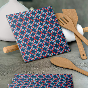 Blauw en Rood Marokkaans latwerk, Quatrefoil Tegeltje
