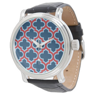 Blauw en rood Marokkaans traliewerk, rooster, vier Horloge