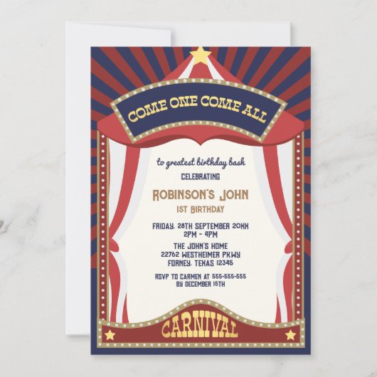 Blauw en Rood Retro Carnaval verjaardagsuitnodigin Kaart (Voorkant)