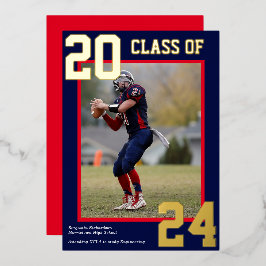 Blauw en Rood Sportieve Varsity Afstuderen Foto Folie Feestdagenkaart