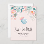 Blauw en roze Baby flesje Baby shower Opslaan Datu Uitnodiging Briefkaart (Voorkant / Achterkant)