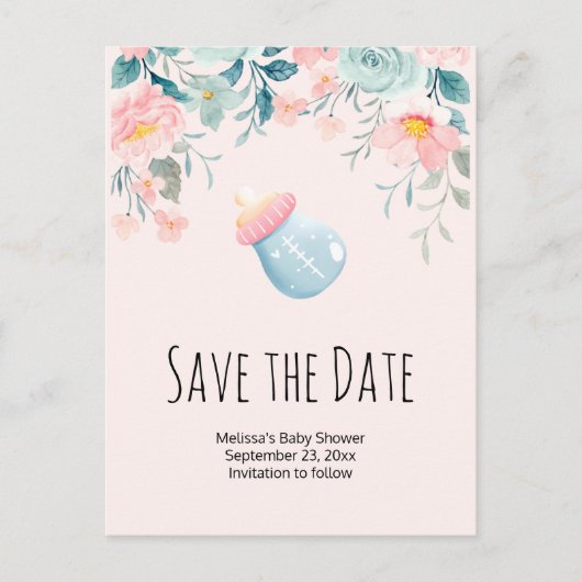 Blauw en roze Baby flesje Baby shower Opslaan Datu Uitnodiging Briefkaart (Voorkant)