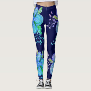 Blauw en roze bloeiende yoga broek leggings