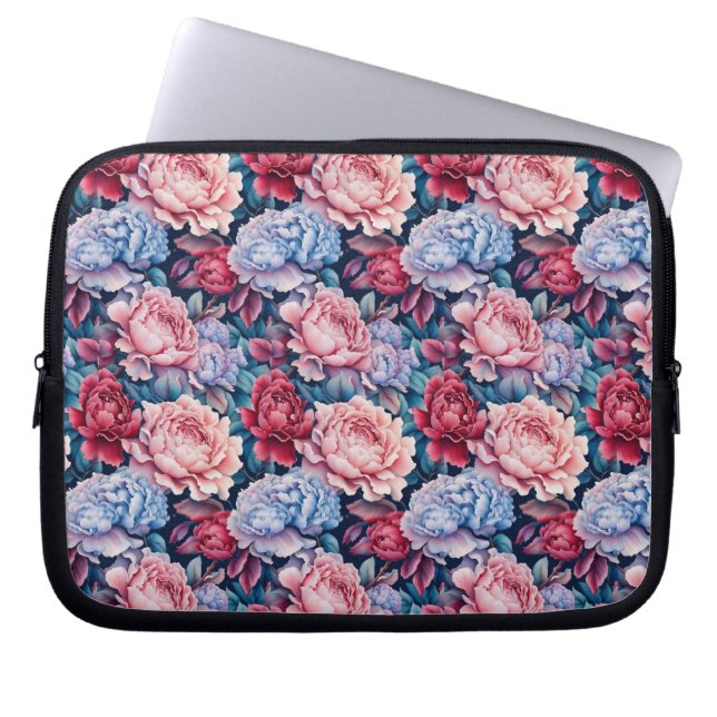 Blauw en roze bloemen laptop sleeve (Voorkant)