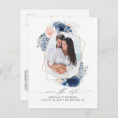 Blauw en roze bloemen opslaan de datum foto aankondigingskaart (Voorkant / Achterkant)
