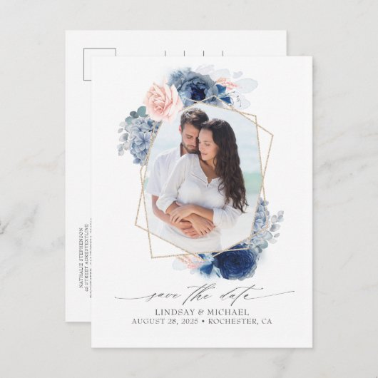 Blauw en roze bloemen opslaan de datum foto aankondigingskaart (Voorkant / Achterkant)