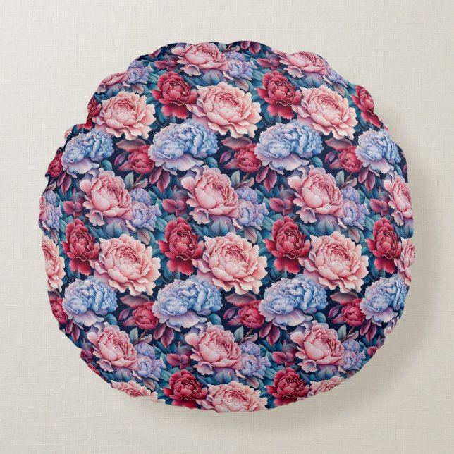 Blauw en roze bloemen rond kussen (Voorkant)