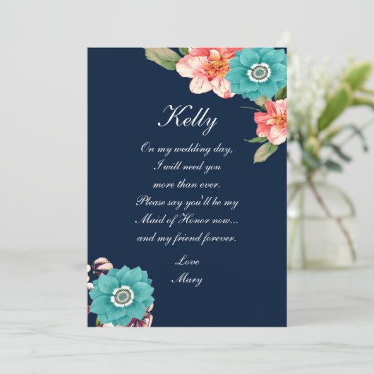 Blauw en Roze Bloemige Botanische Bruidsmeisje Eer Kaart (Staand voorkant)