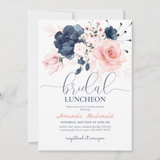 Blauw en roze bloemige bruidsdouche kaart (Voorkant)