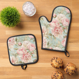 Blauw en roze bloemige shabby chic ovenwant & pannenlap set