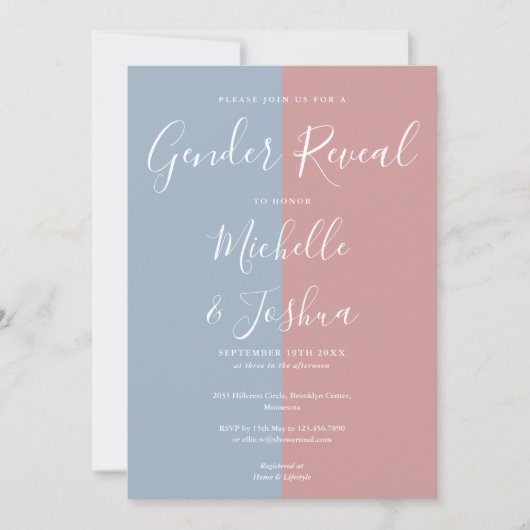 Blauw en Roze Elegant Script Gender Reveal Party Kaart (Voorkant)