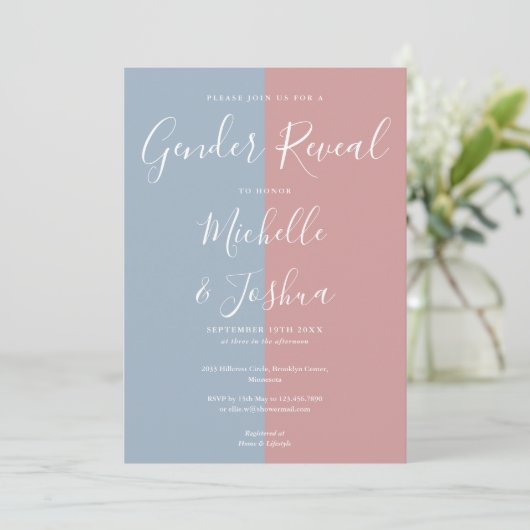 Blauw en Roze Elegant Script Gender Reveal Party Kaart (Staand voorkant)