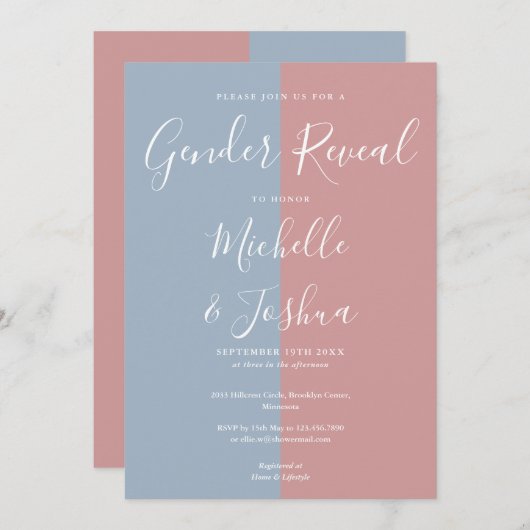 Blauw en roze elegante script geslacht onthulling kaart (Voorkant / Achterkant)