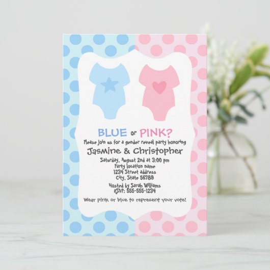 Blauw en roze gender reveal party kaart (Staand voorkant)