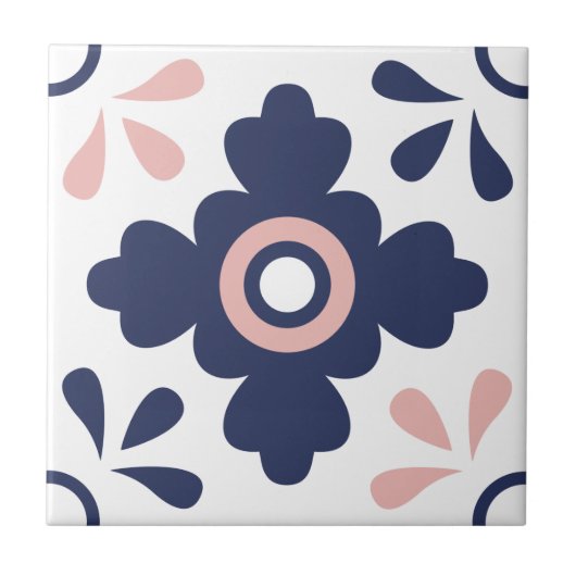 Blauw en Roze Geometrische Flower Tegel Tegeltje (Voorkant)