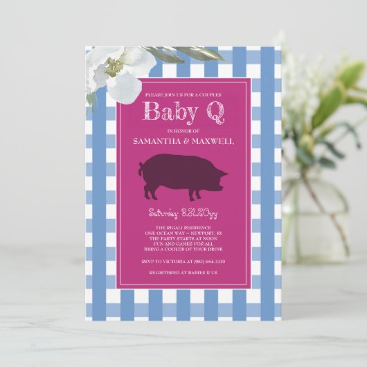 Blauw en roze Gingham Baby Q Kaart (Staand voorkant)