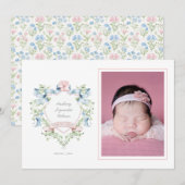 Blauw en roze Grandmillennial Ribbon Crest Baby Aankondiging (Voorkant / Achterkant)
