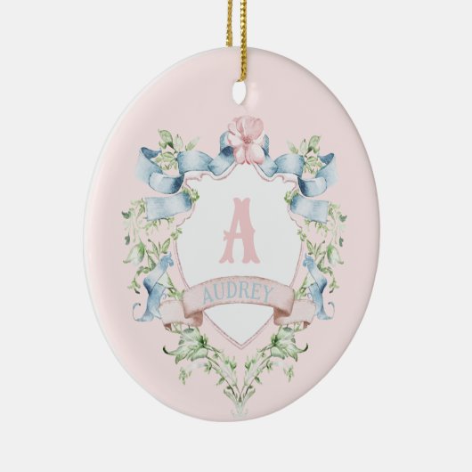 Blauw en roze Grandmillennial Ribbon Crest Keramisch Ornament (Rechts)