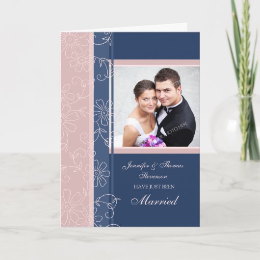 Blauw en Roze Just Married Photo Aankondiging Kaar (Voorkant)