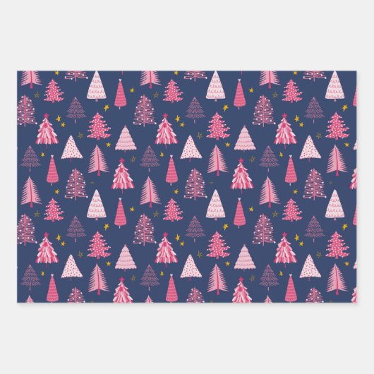 Blauw en roze kerstboompatroon inpakpapier vel (Voorkant)