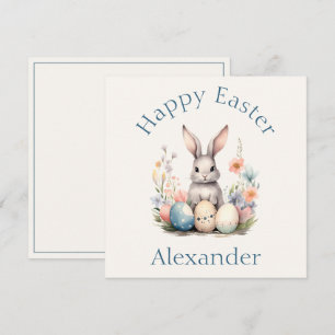Blauw en Roze Konijn Wildbloemen Pasen Notitiekaartje