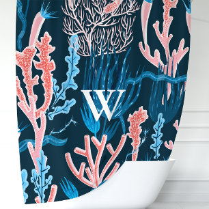 Blauw en Roze Oceaan Koraal Monogram Nautilus Douchegordijn