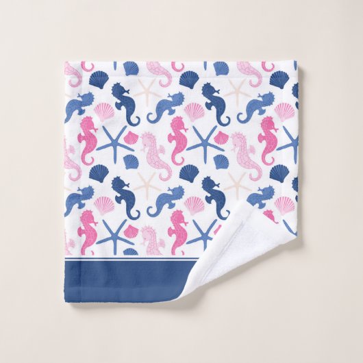 Blauw en Roze Oceaan Seashell Patroon met Naam Bad Handdoek (Wasdoekje)