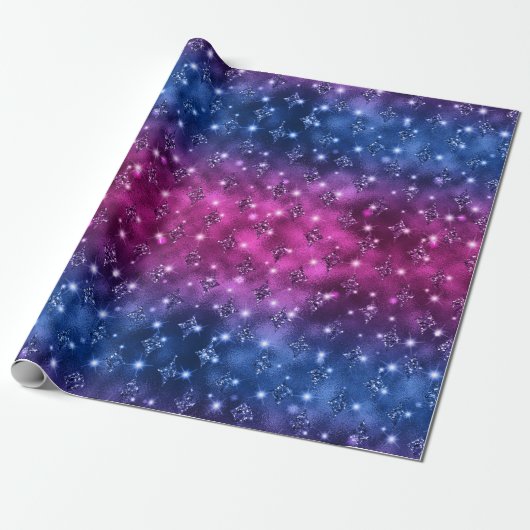 Blauw en roze ombre Glitter Celestial Pattern Cadeaupapier (Uitgerold)