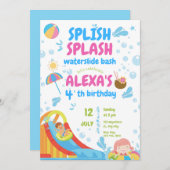 Blauw en Roze Opblaasbare Pool Party Meisje Verjaa Kaart (Voorkant / Achterkant)