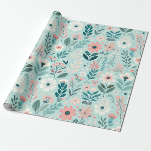 Blauw en Roze Pastel Folk Art Flowers Cadeaupapier