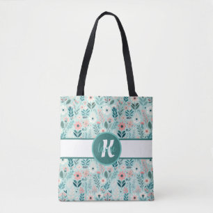 Blauw en Roze Pastel Folk Art Flowers Draagtas