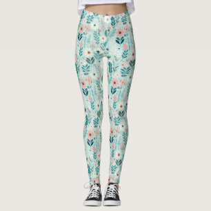  Blauw en Roze Pastel Folk Art Flowers Leggings