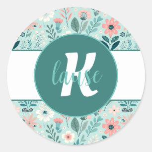  Blauw en Roze Pastel Folk Art Flowers Ronde Sticker