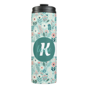 Blauw en Roze Pastel Folk Art Flowers Thermosbeker