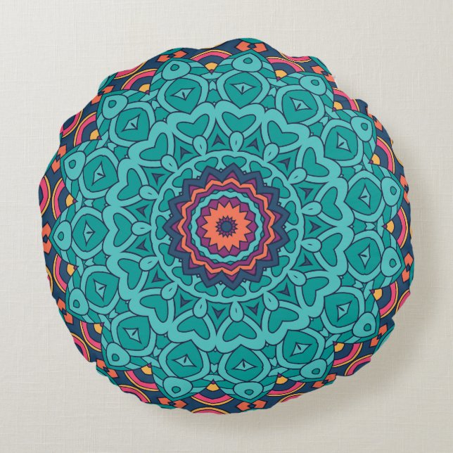 Blauw en roze Perzische stijl naadloos patroon Rond Kussen (Achterkant)