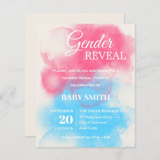 Blauw en roze plastic onthullen uitnodiging (Voorkant / Achterkant)