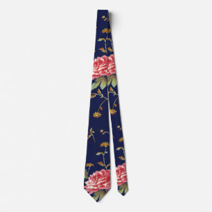 Blauw en Roze Retro Bloemendesign Stropdas
