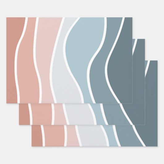 Blauw en roze retro stijl golven ontwerp inpakpapier vel (Set)