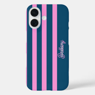 Blauw en roze streepjespatroon gepersonaliseerd iPhone 16 hoesje