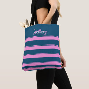 Blauw en roze streepjespatroon gepersonaliseerd draagtas