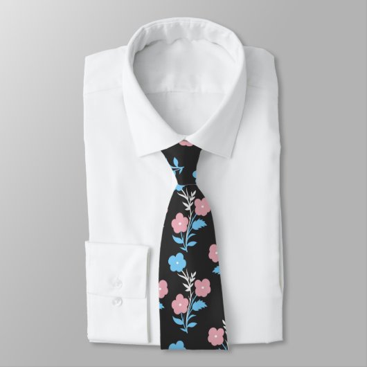 Blauw en Roze Subtiele Trans Flag Bloemen Stropdas (Gebonden)