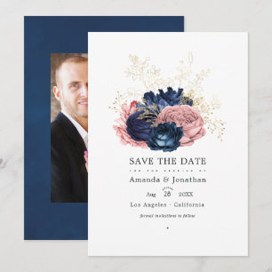 Blauw en Roze Vintage Rozen Huwelijksfoto Save The Date