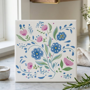 Blauw en Roze Volkskunst Bloemendecoratie Tegeltje
