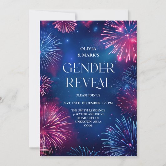 Blauw en Roze Vuurwerkvoetzoeker Gender Reveal Kaart (Voorkant)