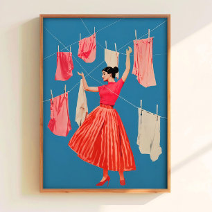 Blauw en Roze Wasmachineprint Retro Badkamer Muur Poster