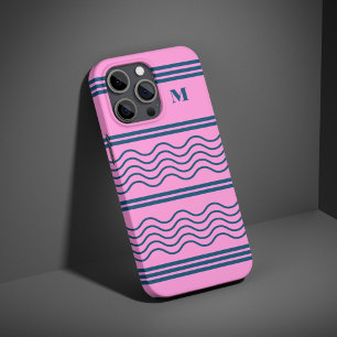 Blauw en Roze Wavy Stripes Patroon Monogram iPhone 16 Pro Hoesje